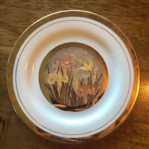 Japanese Hummingbird Plate decor Gold Art Chokin Rare Collector Ornate - Picture 2 of 6